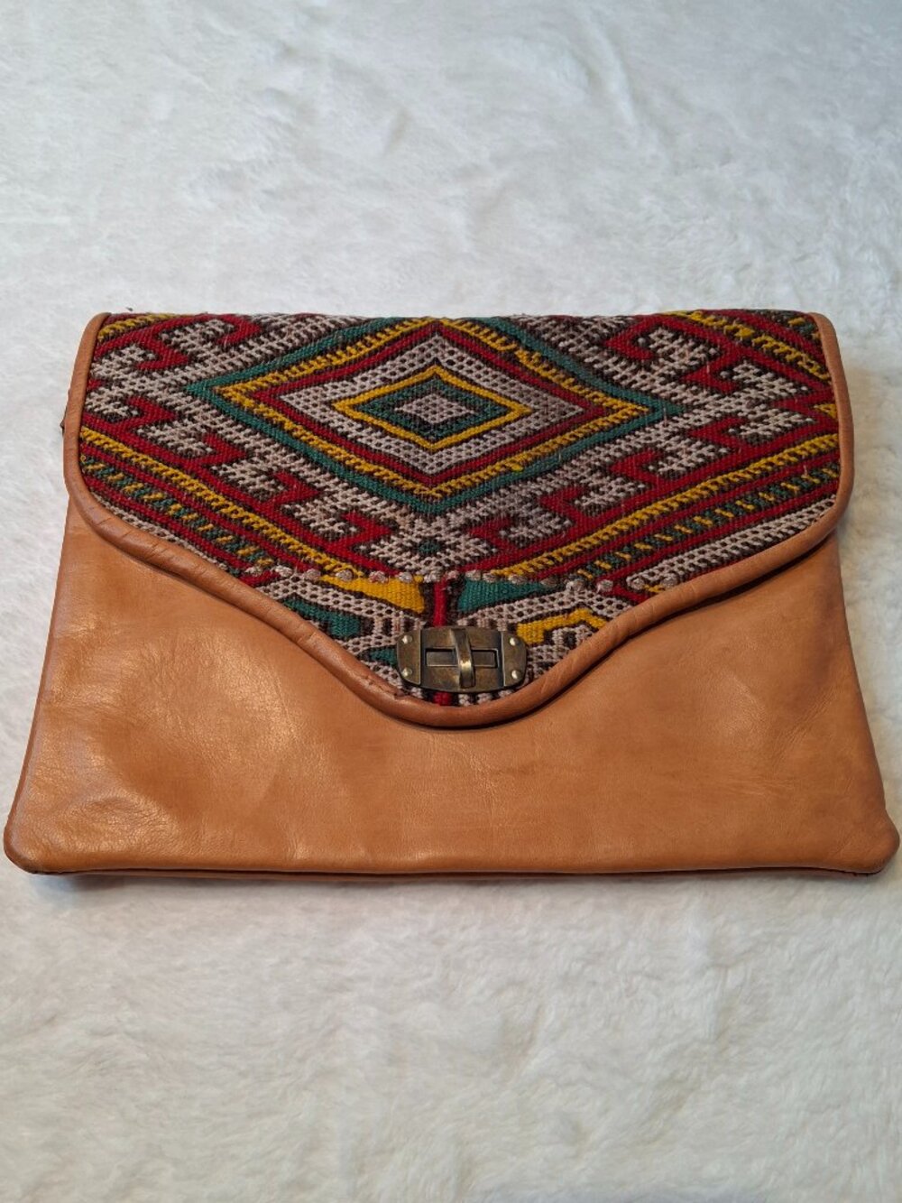 Vintage Boho Clutch Bag Genuine Leather Camel Southwestern Festival 70s Hippie